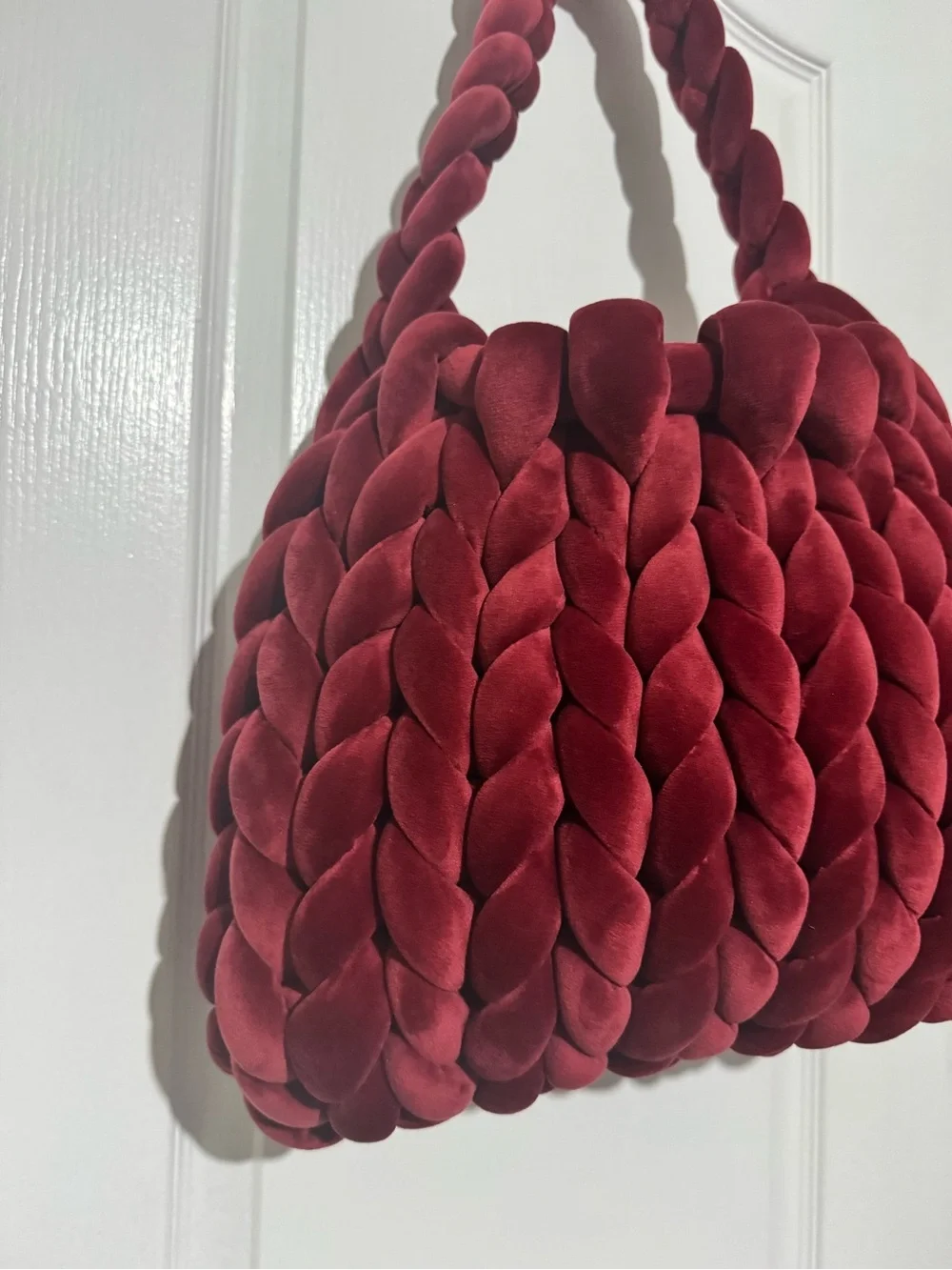 New Handmade Plush Chunky Braided Trendy Velvet Shoulder Bag - Burgundy